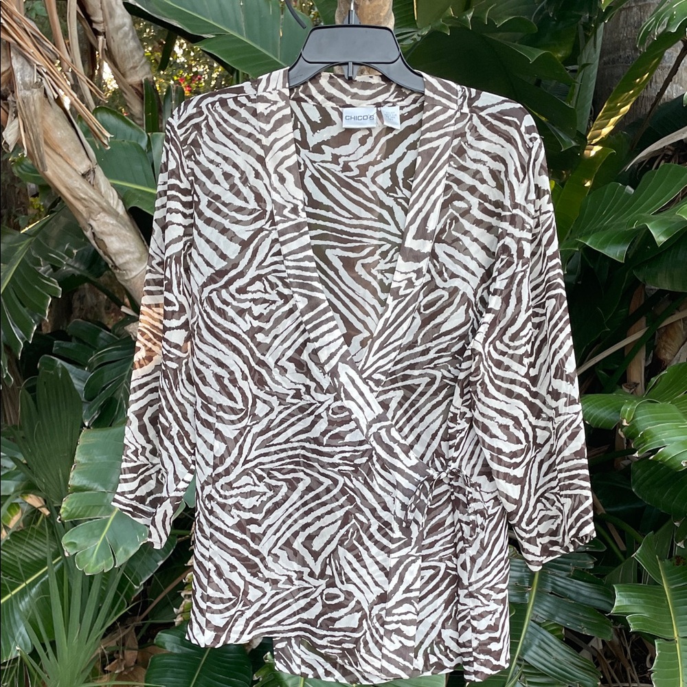 Chico’s zebra print silk semi sheer wrap style blouse